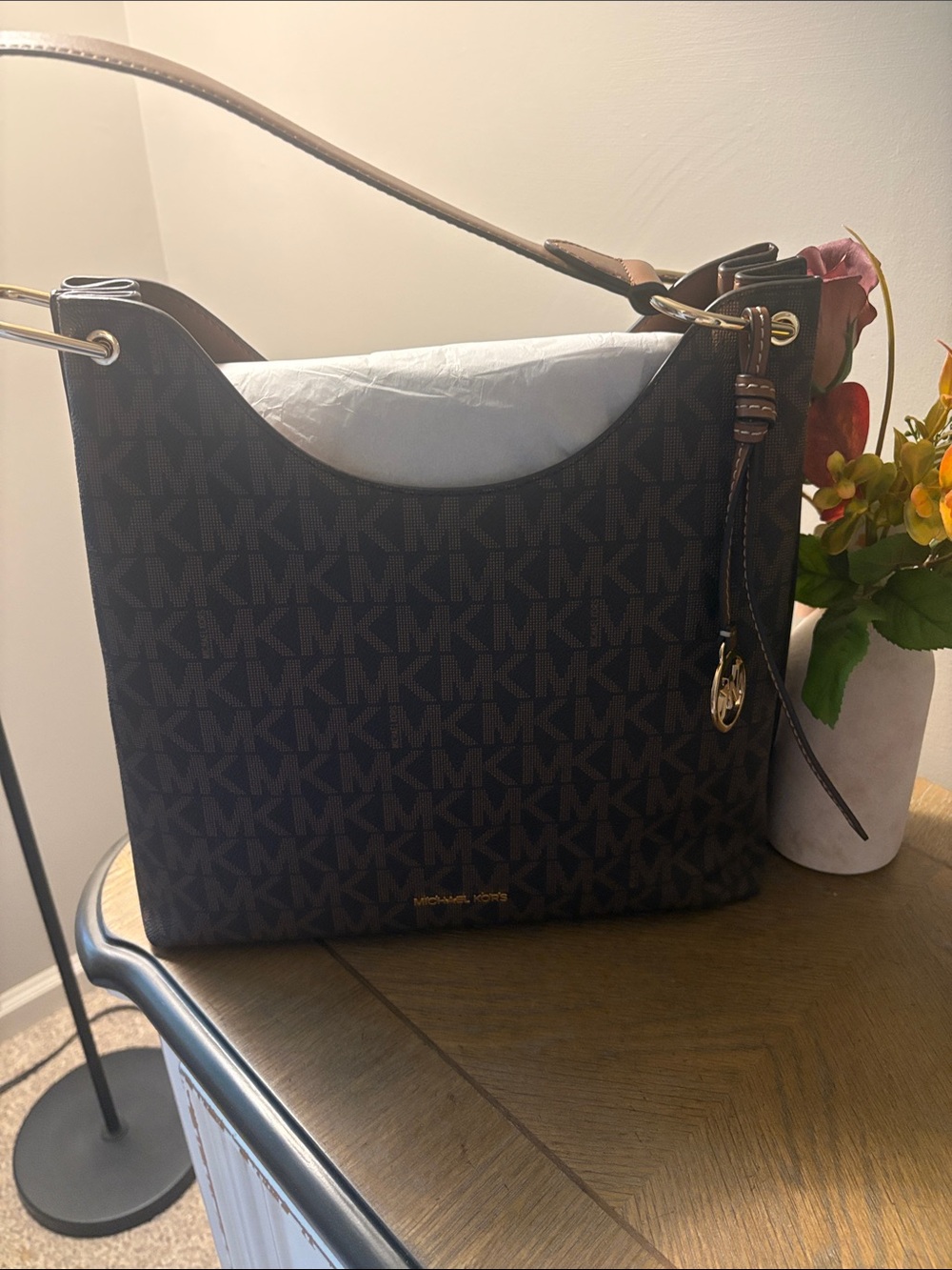 Michael Kors Brown Logo Jacquard Shoulder Bag with Gold Hardware